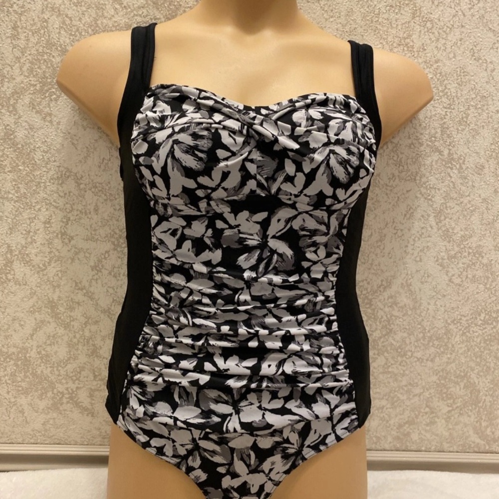 Elegant Black and White and Gray Floral Women's One-Piece Swimsuit